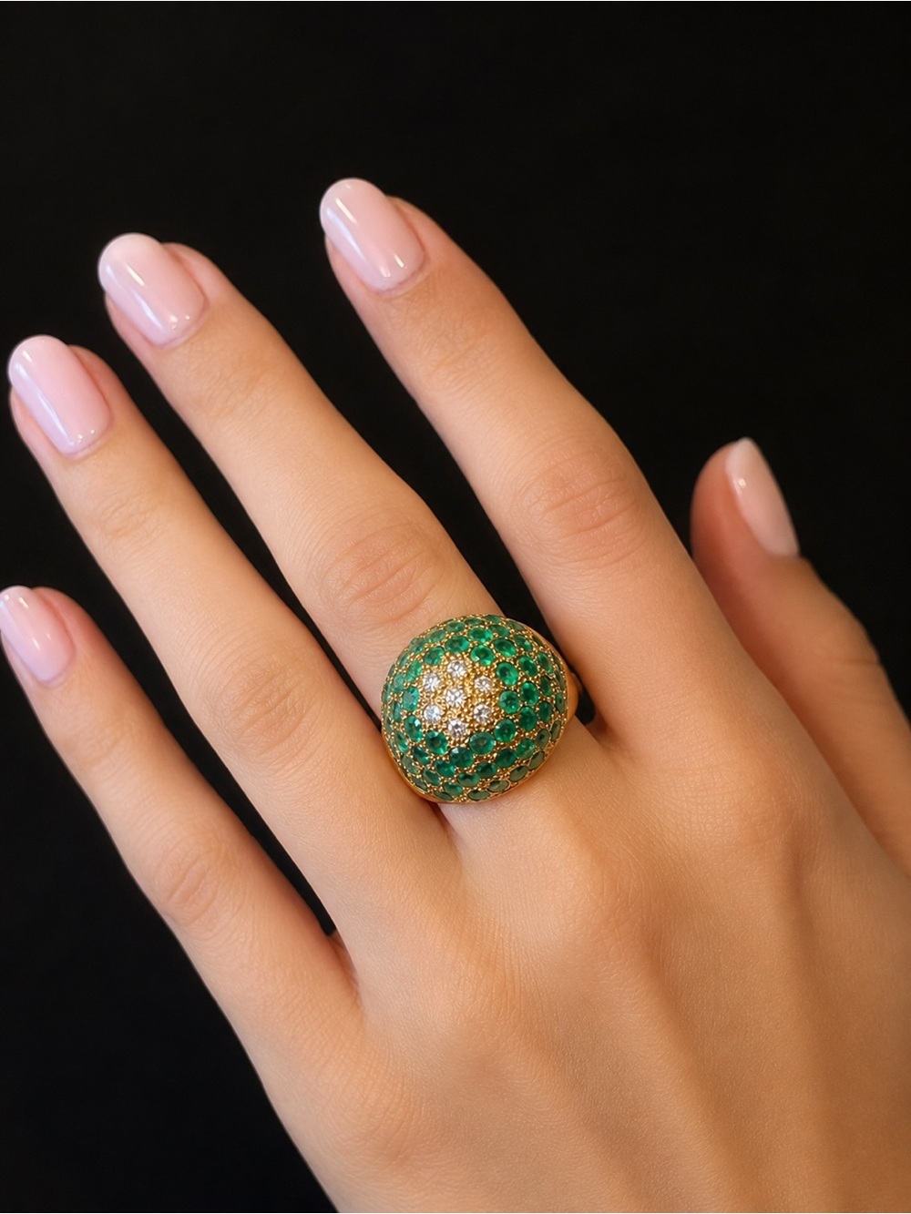 VINTAGE 14K Gold ( 585 stamp )Emerald & Diamond Dome Statement Ring Size Large - Picture 2 of 11
